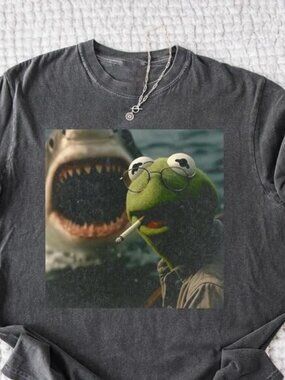 Washed Dark Humor Shirt, Smoking Frog Meme Tee, Shark Attack